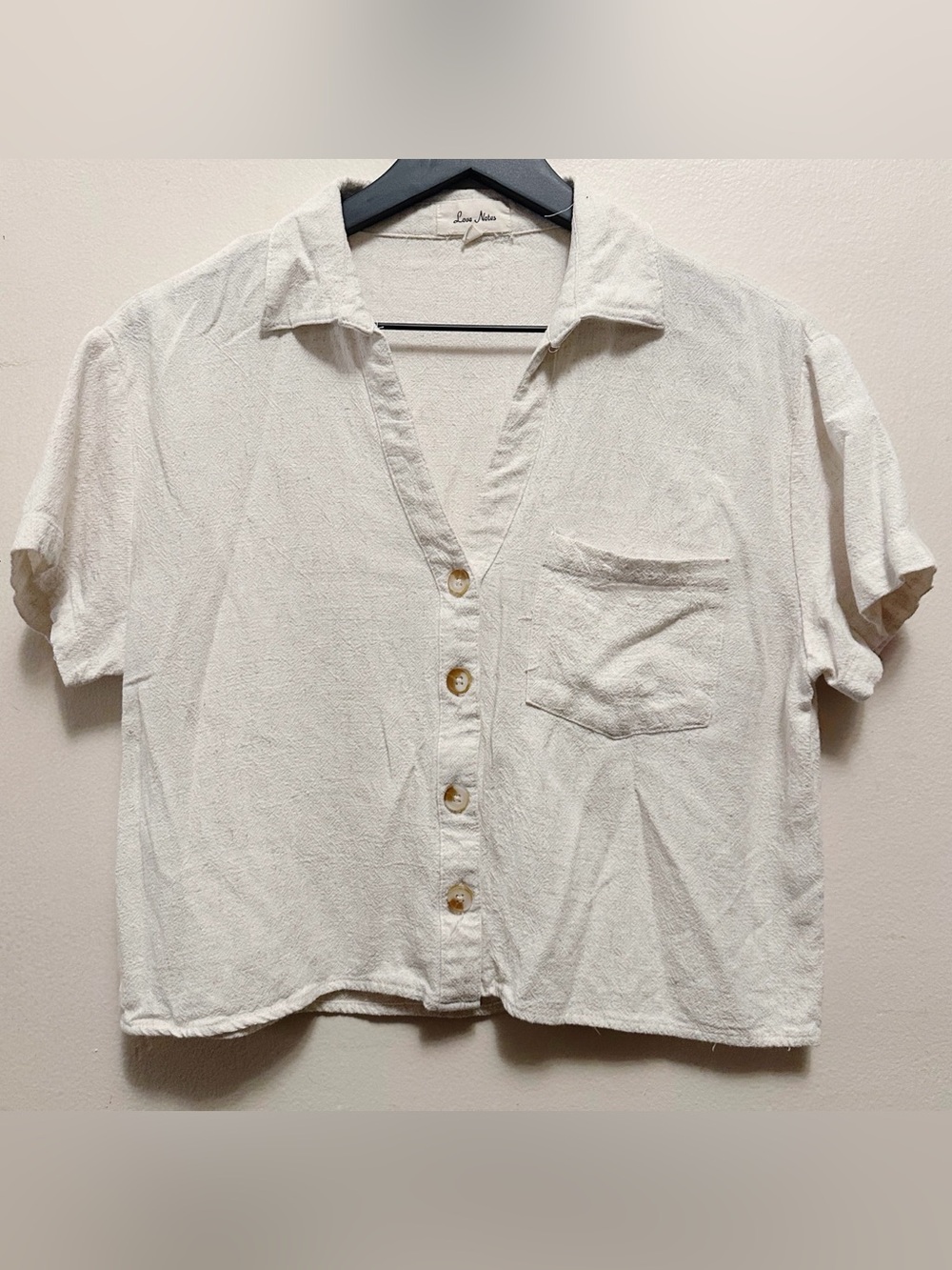 Linen Rayon Blend Top Size L Love Notes Cream Collared Short Sleeve Button-Up